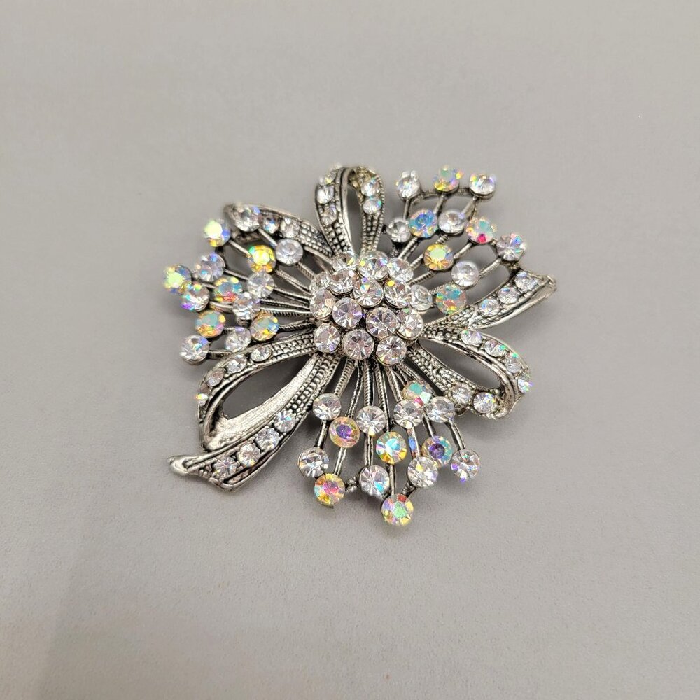 AB Rhinestone Floral Brooch Bow Vintage Silver Tone Setting